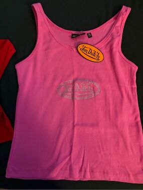 Von Dutch Girls' Hot Pink Rhinestone Logo Tank** NWT